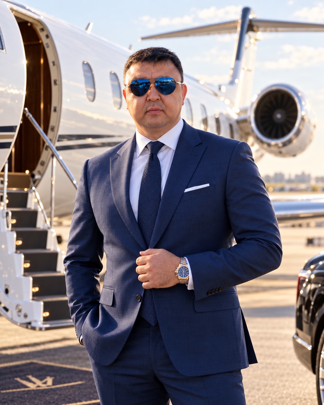 Зафар Сафаров в синем костюме у самолёта